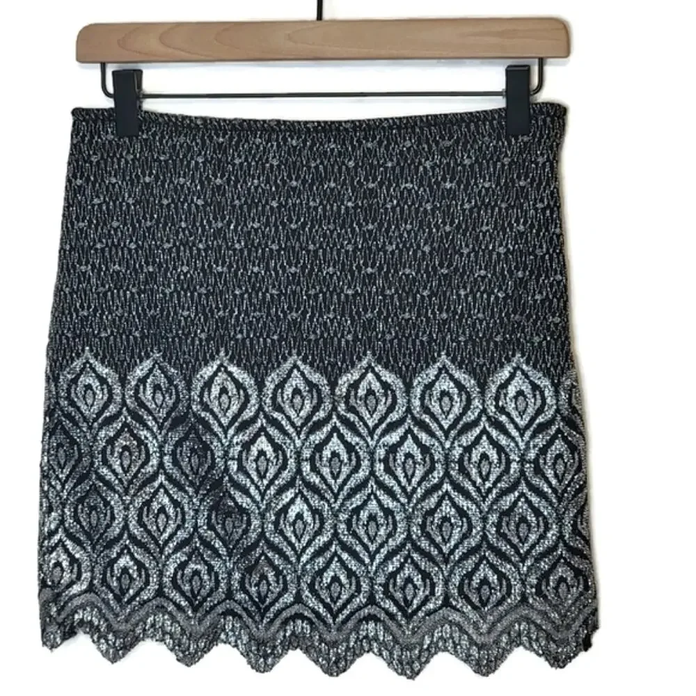 Free People Metallic Lace Geometric Print Mini Skirt Party Black Silver 2